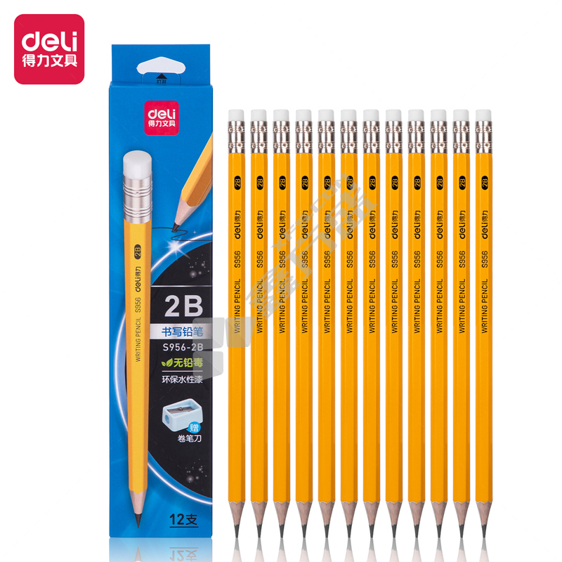 得力 S956-2B 黄杆办公皮头2B铅笔 2B 190mm 黄色 S956-2B