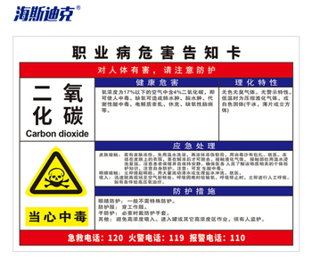 海斯迪克职业病危害告知卡牌pvc塑料板 HK-616 二氧化碳 30*40cm