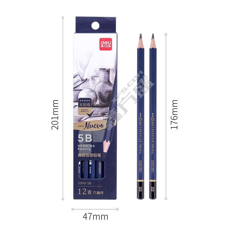 得力 S999 高级绘图铅笔 12支彩盒装 5B 176mm 蓝色 S999-5B