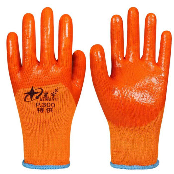 星宇 加绒加厚耐磨工作毛圈保暖发泡PVC防寒手套 P300 L码 橘红色