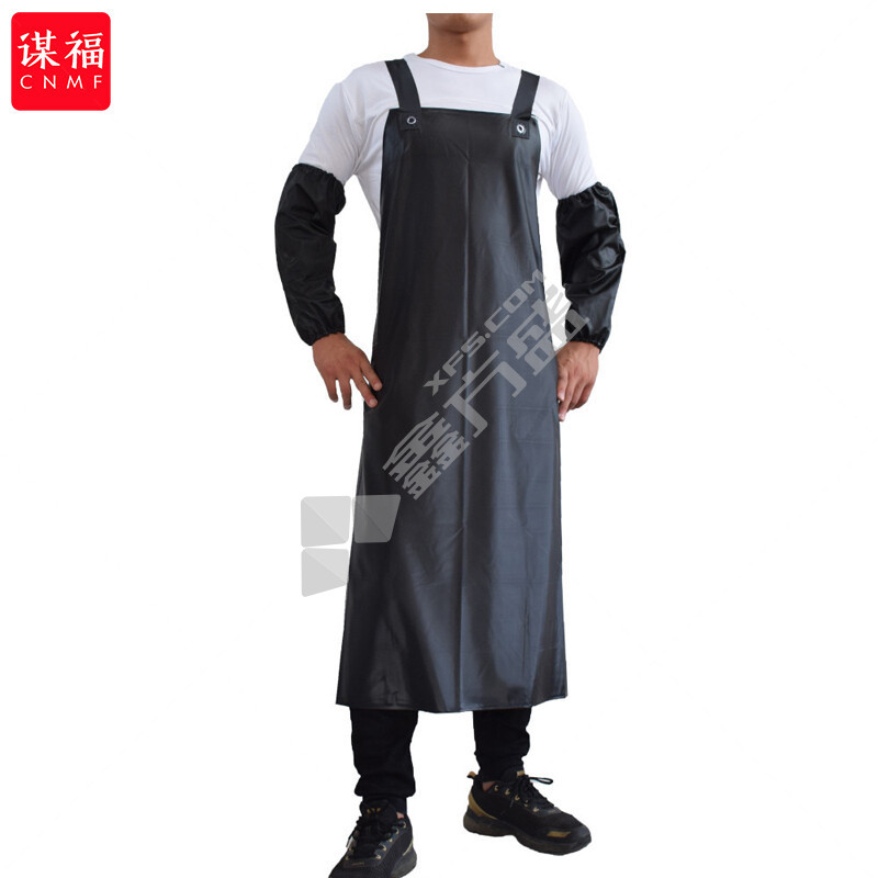 谋福 PVC背带围裙防水防油围裙套袖 506 长115cm*宽80cm 黑色