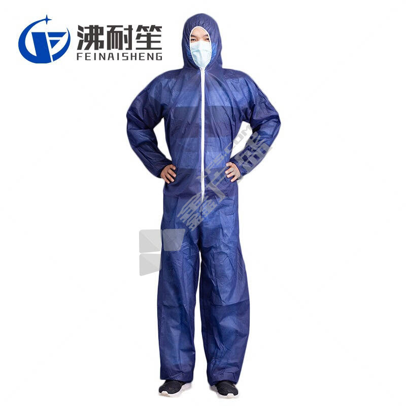 沸耐笙 pp深蓝40g无脚无纺布一次性带帽实验室防护服 XL码 深蓝色 FNS-02151-40g普通款无脚