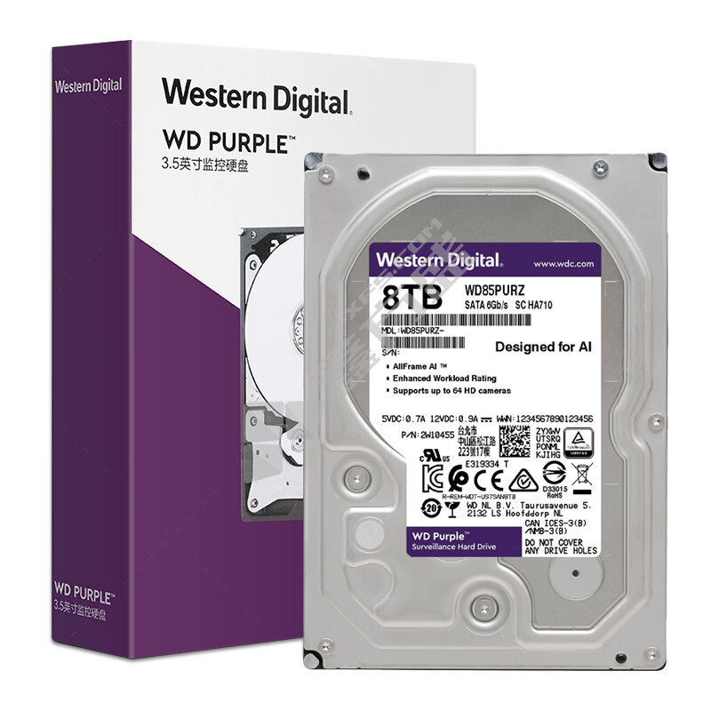 西部数据 WD85PURZ 监控级硬盘 8TB/SATA/WD85PURZ/紫色 (单位：块)