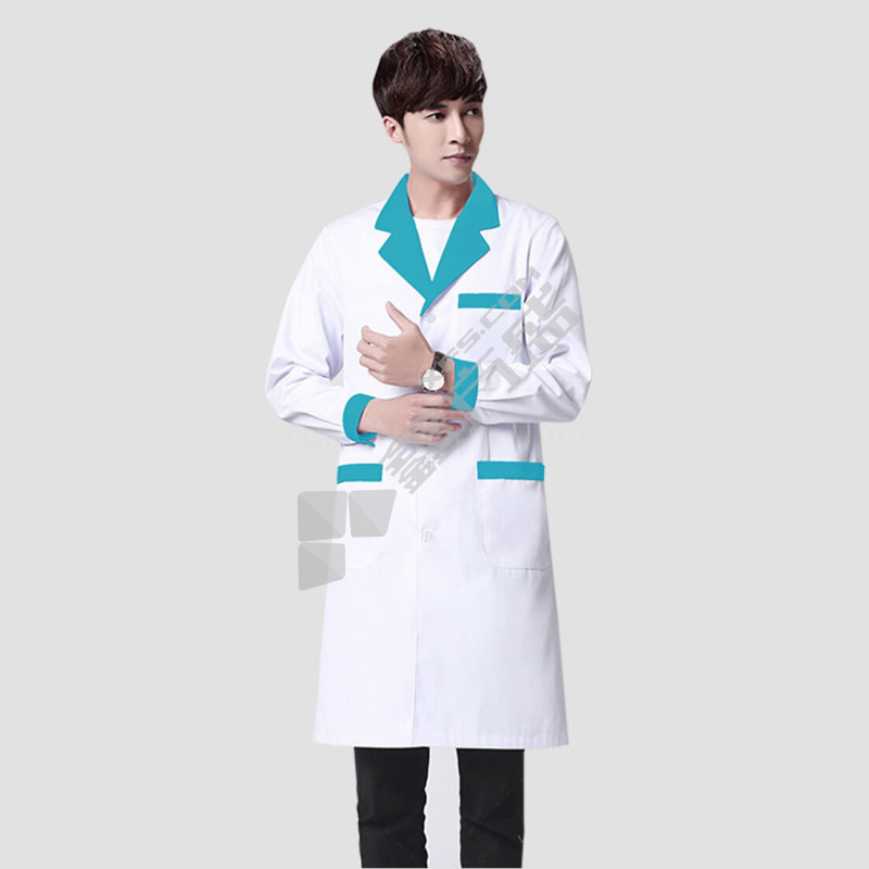 鸣固 湖蓝领长袖男士白大褂工作服 4XL