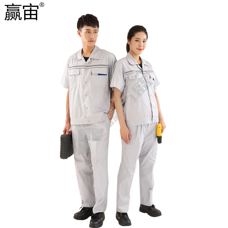 赢宙 GZ-152-A 夏季透气耐磨短袖工作服套装 4XL 浅灰色