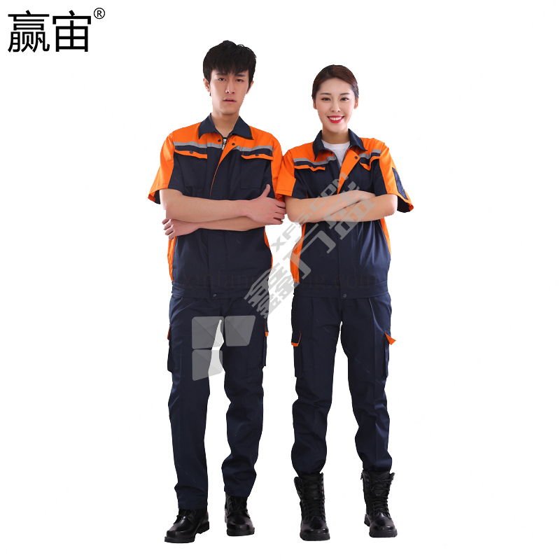 赢宙 GZ-148-B 夏季透气耐磨短袖工作服套装 XL 桔红色