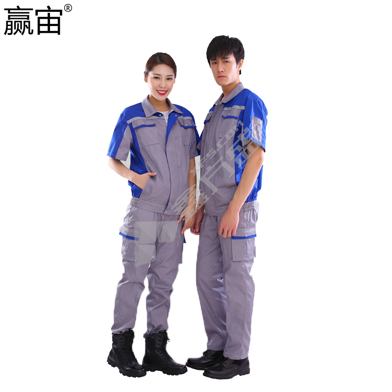 赢宙 GZ-148-D 夏季透气耐磨短袖工作服套装 XXL 浅灰色