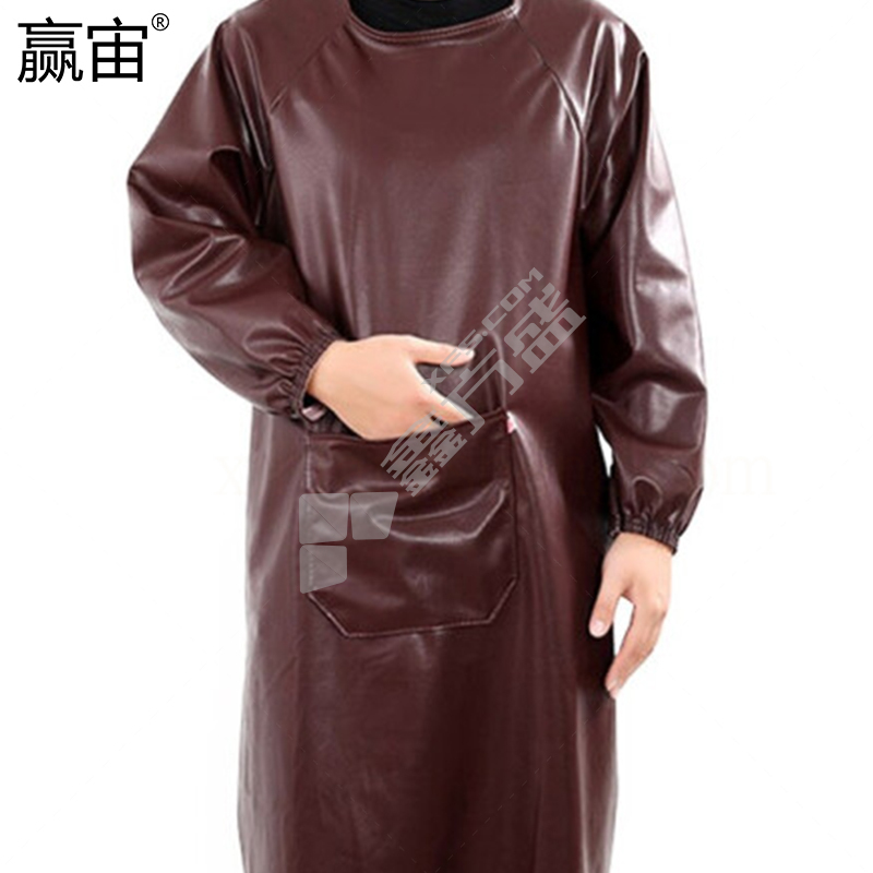 赢宙 长袖皮革防水防油PU围裙 120*125cm 酒红色