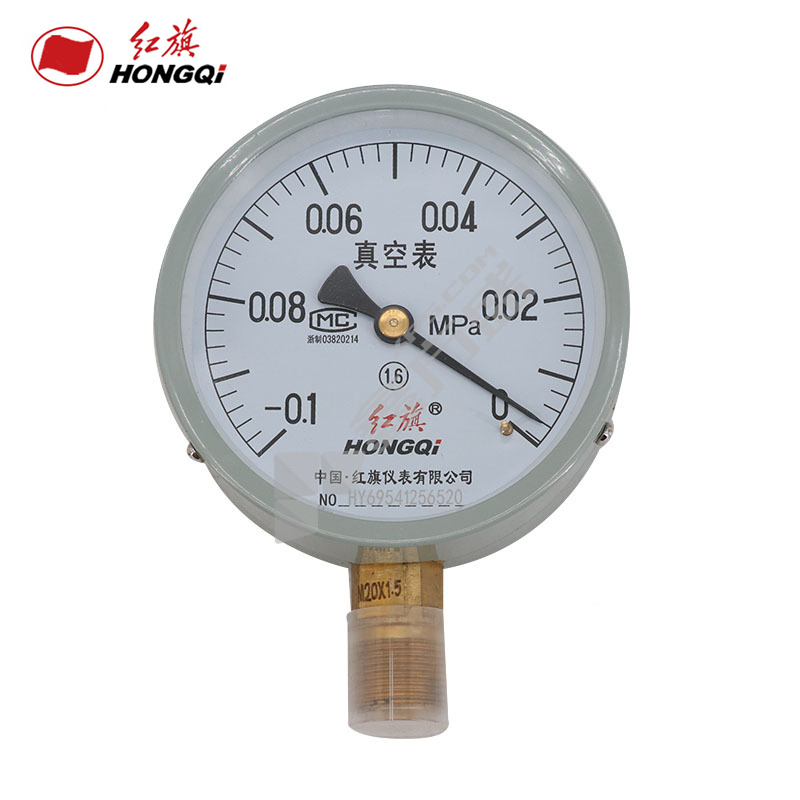 红旗 0.1~0Mpa真空压力表 YZ100-（-0.1-0MPa）M20*1.5