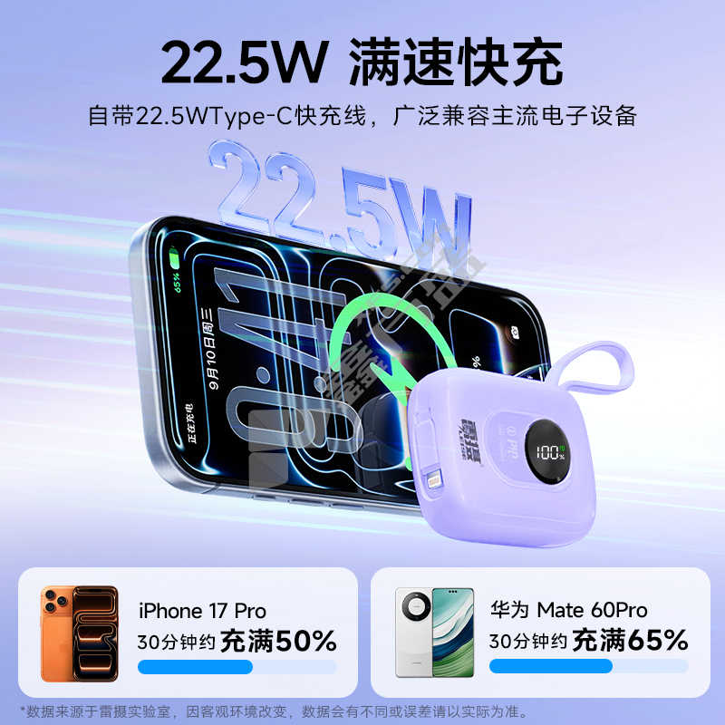 雷摄 MH851 便携快充移动电源 香芋紫 10000mAh 76.2*60*29.3mm