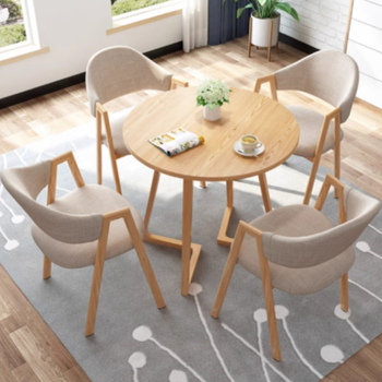 国产优品 洽谈桌椅组合 78cm棉麻布4椅+80cm原木圆桌/浅卡其色