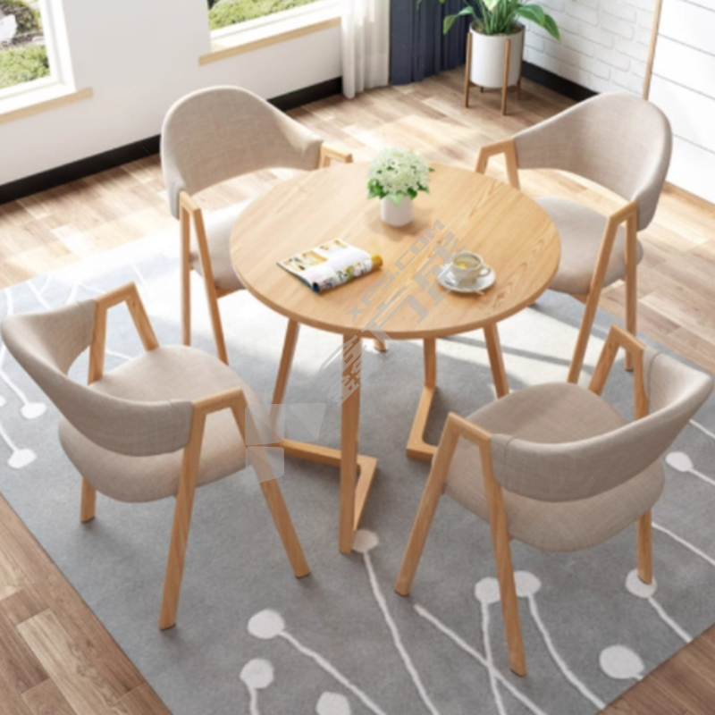 国产优品 洽谈桌椅组合 78cm棉麻布4椅+80cm原木圆桌/浅卡其色