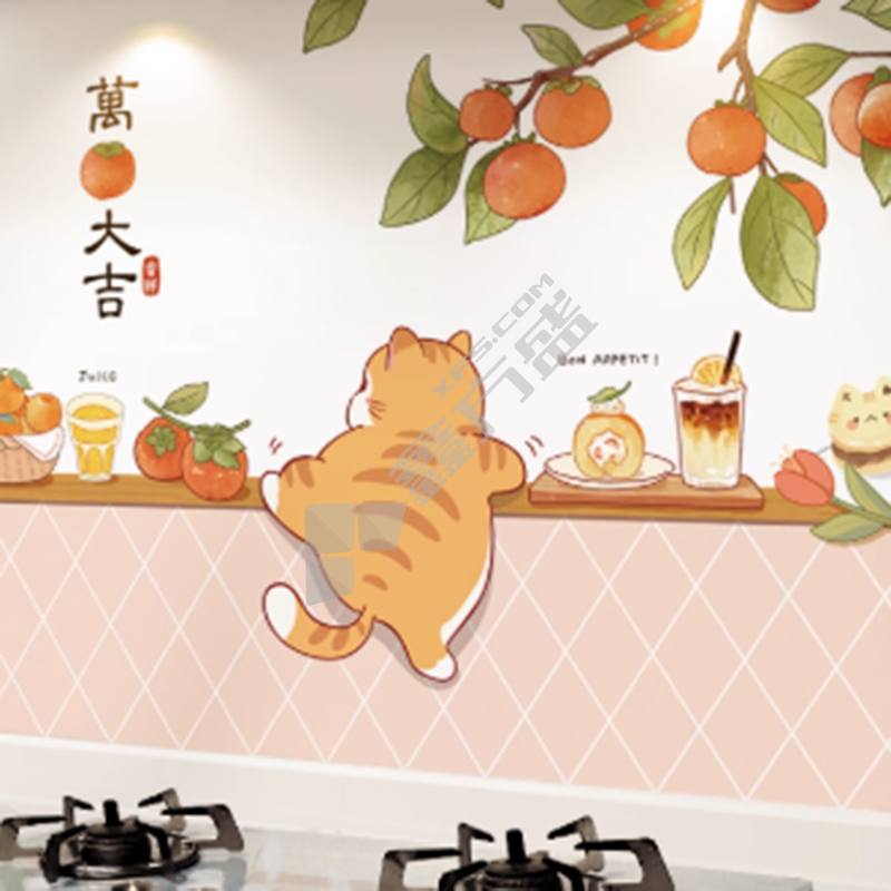 国产优品 透明静电吸附厨房隔油纸 无/无/福气橘猫 单张60*90cm*55张 整卷60cm*50m