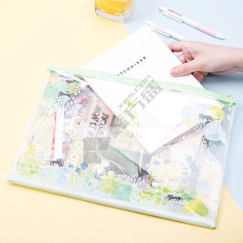 得力 5990 墨之彩小猫拉链袋 A4 颜色随机 5990